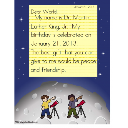 FREE!   Martin Luther King Common Core Collaboration Activity for Kindergarten and Visual Learners (Autism)