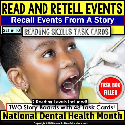 Dental Health Month READING COMPREHENSION Read and Retell Task Cards | Task Box Filler Activities 