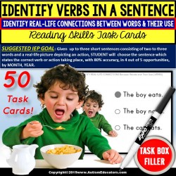 IDENTIFY VERBS Using Real Life Connections Task Cards Task Box Filler
