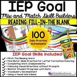 READING COMPREHENSION IEP Skill Builder FILL-IN-THE-BLANK WORKSHEETS for Autism