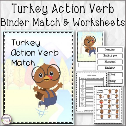 Turkey Action Verb Binder Match and Worksheets