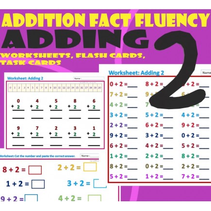 Addition Fact Fluency – Adding  2 – Flash cards, Task cards, and Worksheets Activities