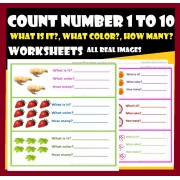 Count 1 to 10 – What is it? What color? How many?-Worksheets with real images.