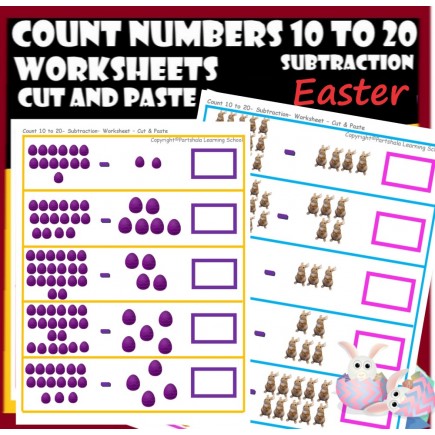 EASTER - Count Numbers 10 to 20 – Subtraction – Cut and Paste Worksheets