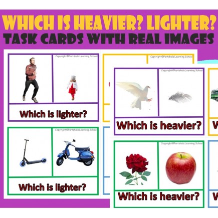 Which is heavier? Which is lighter? - Task cards with real images
