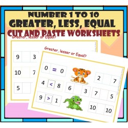 Numbers 1 to 10:Greater, Less, Equal – Cut and paste the correct sign - Worksheets.