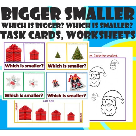 CHRISTMAS--Which is bigger? smaller? Task cards, worksheets with Real Images